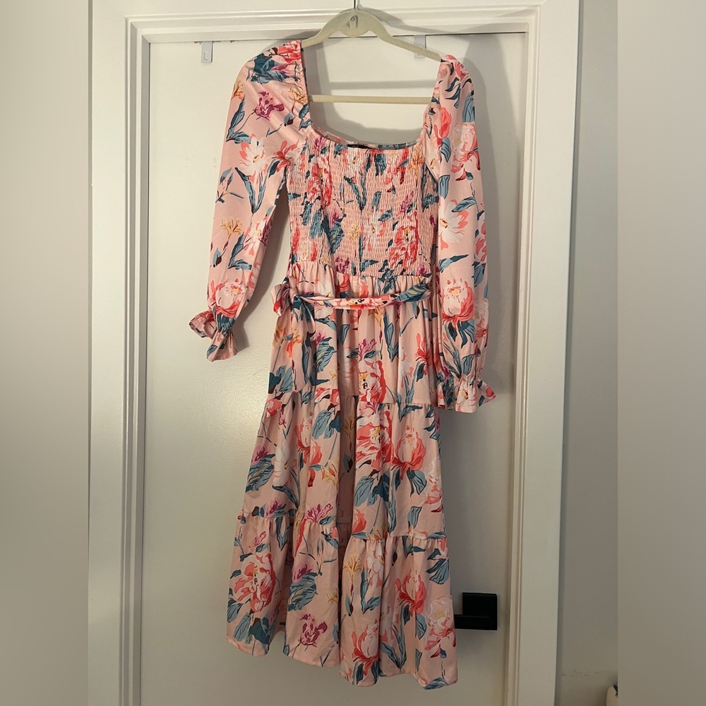 Pink floral dress long sleeved with tie bow size S